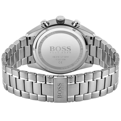 Stainless steel caseback engraved with Hugo Boss branding and model details