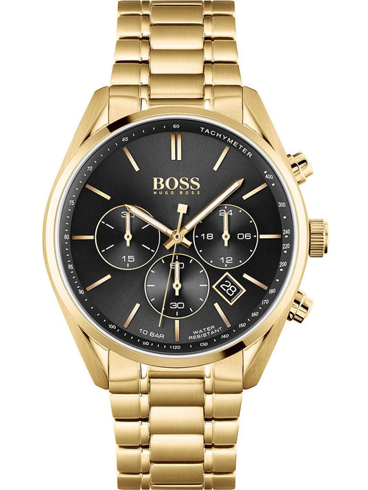Hugo Boss Champion gold chronograph men's watch with black dial and three subdials