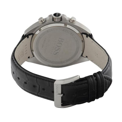 Case back of Hugo Boss chronograph watch with BOSS branding and sapphire crystal