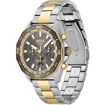 Hugo Boss Chronograph Energy watch shown from angle view with visible two-tone band and case back