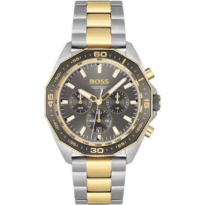 Hugo Boss Chronograph Energy two-tone men's watch with black dial and gold/silver bracelet