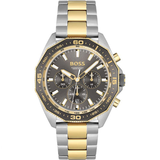 Hugo Boss Chronograph Energy two-tone men's watch with black dial and gold/silver bracelet