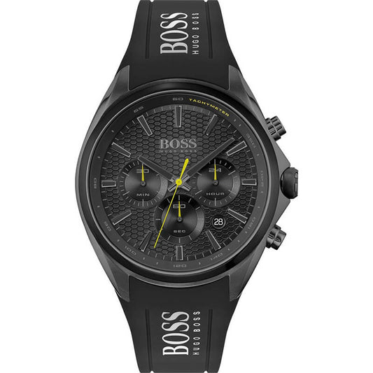Hugo Boss Distinct black dial chronograph watch with yellow accents and black silicone strap