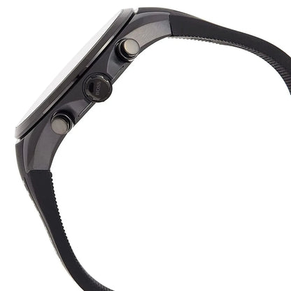 Side view of Hugo Boss Distinct watch showing chronograph pushers and black silicone strap