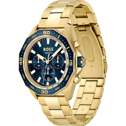 Hugo Boss Energy chronograph watch shown at angle displaying gold bracelet and case