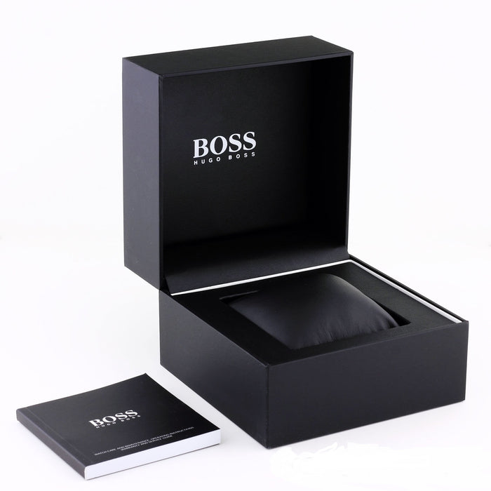Hugo Boss Globetrotter watch in black presentation box with documentation card
