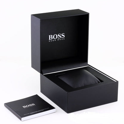 Hugo Boss Globetrotter watch in black presentation box with documentation card