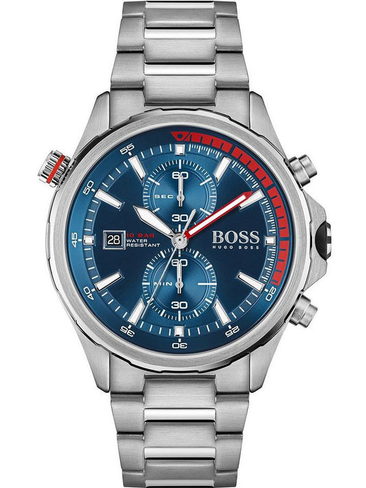 Hugo Boss Globetrotter chronograph watch with blue dial and stainless steel case