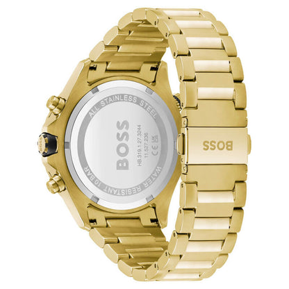 Caseback of Hugo Boss Globetrotter watch showing stainless steel case back and BOSS branding