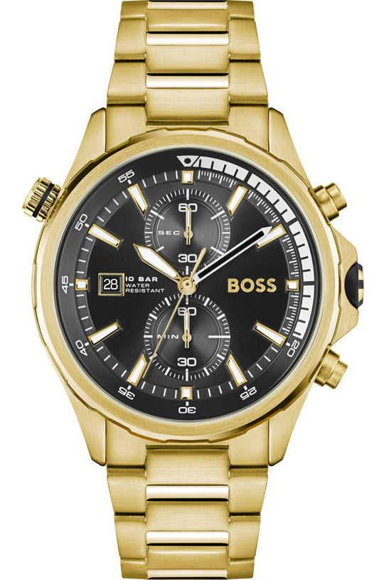 Hugo Boss Globetrotter gold chronograph watch with black dial and gold link bracelet