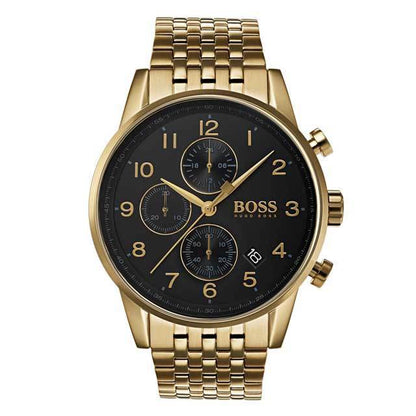 Hugo Boss gold chronograph watch with black dial, gold numerals and hands, three subdials, and integrated gold bracelet