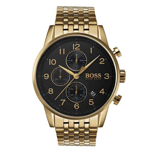 Hugo Boss gold chronograph watch with black dial, gold numerals and hands, three subdials, and integrated gold bracelet