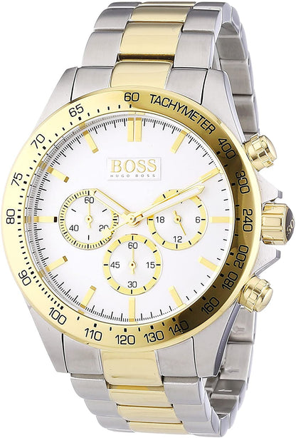 Close-up of Hugo Boss chronograph dial with gold accents and subdials