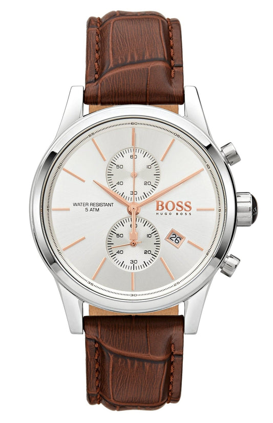 Hugo Boss Grand Prix chronograph watch with silver dial and brown leather strap