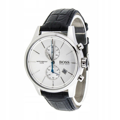 Side view of Hugo Boss Grand Prix chronograph watch with black croc-embossed leather strap