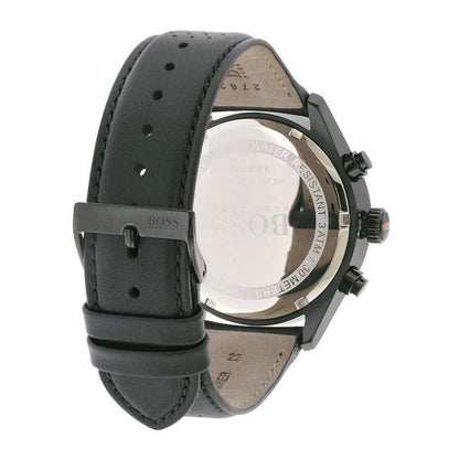 Hugo Boss Grand Prix watch caseback with black leather strap visible