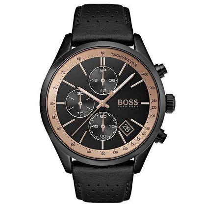 Hugo Boss Grand Prix chronograph watch with black dial and rose gold bezel