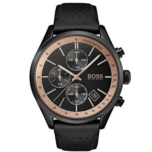 Hugo Boss Grand Prix chronograph watch with black dial and rose gold bezel