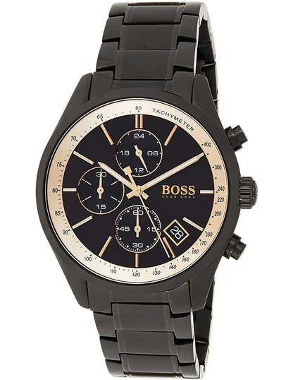 Side angle view of Hugo Boss Grand Prix chronograph showing black stainless steel bracelet and case profile