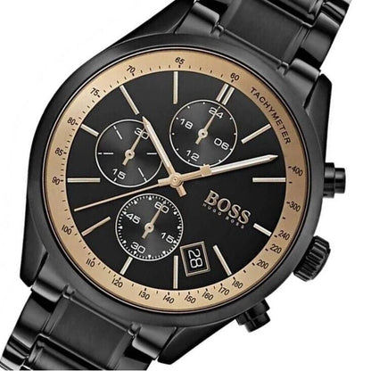 Hugo Boss Grand Prix chronograph watch displaying black dial with three subdials and rose gold bezel details