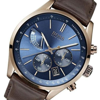 Hugo Boss Grand Prix watch at angle showing blue chronograph dial with subdials