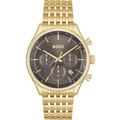 Hugo Boss Gregor chronograph watch with grey dial and gold steel bracelet
