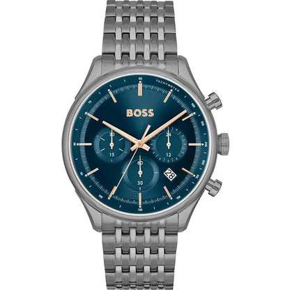 Hugo Boss Gregor chronograph watch with blue dial and grey steel bracelet
