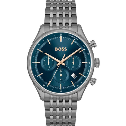 Hugo Boss Gregor chronograph watch with blue dial and grey steel bracelet