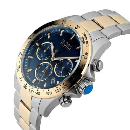 Hugo Boss Hero chronograph watch angled view showing blue dial, three subdials, and two-tone bracelet