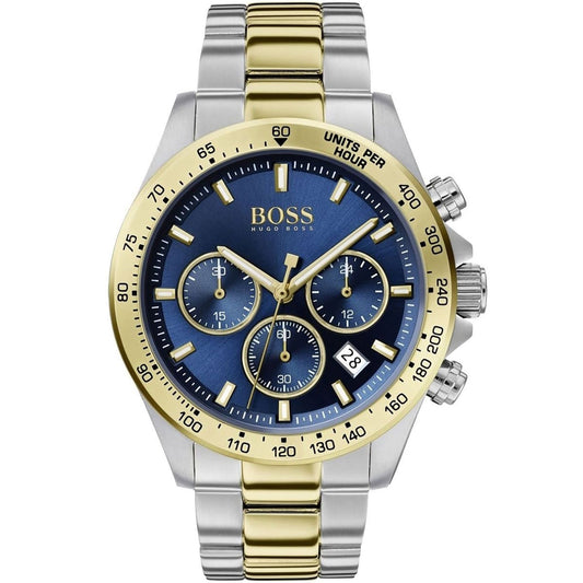 Hugo Boss Hero two-tone chronograph men's watch with blue dial and gold and silver bracelet