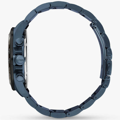 Hugo Boss Hero Sport watch shown from side profile with blue steel bracelet