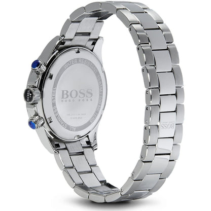 Hugo Boss Ikon caseback showing silver steel bracelet and engraved case
