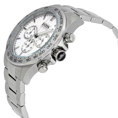 Hugo Boss Ikon chronograph watch angled view showing case profile and steel bracelet