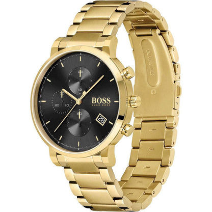 Hugo Boss Integrity gold chronograph watch with matching gold metal bracelet, angled view