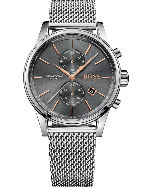 Hugo Boss Jet chronograph men's watch with grey dial, rose gold accents, and silver mesh bracelet