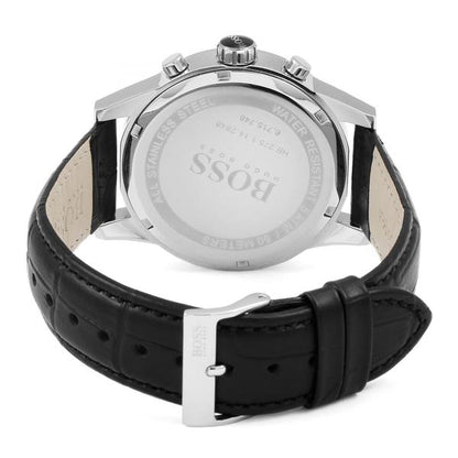 Hugo Boss Jet watch caseback with stainless steel case and black leather strap