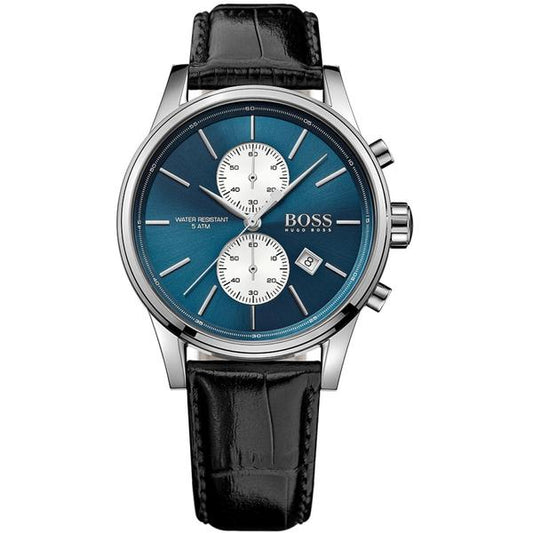 Hugo Boss Jet chronograph watch with blue dial, white subdials, and black leather strap