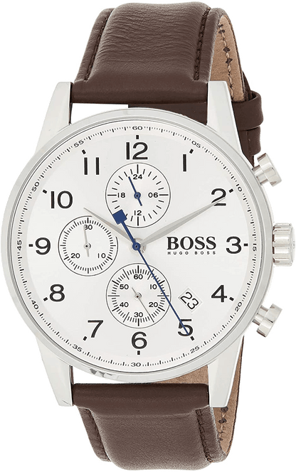 Angle view of Hugo Boss Navigator chronograph men's watch with stainless steel case and brown leather strap
