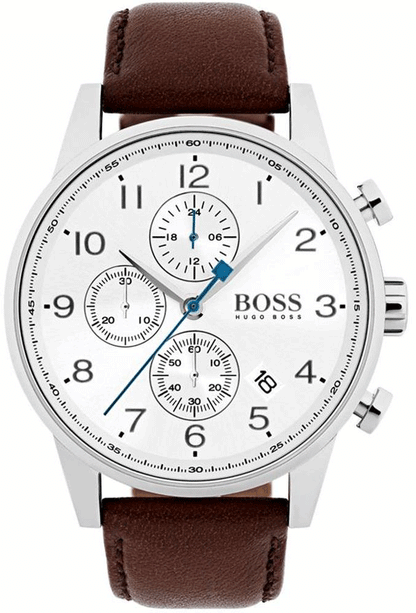 Hugo Boss Navigator chronograph watch with white dial and brown leather strap, showing three subdials and blue hands