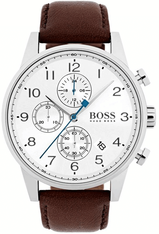 Hugo Boss Navigator chronograph watch with white dial and brown leather strap, showing three subdials and blue hands