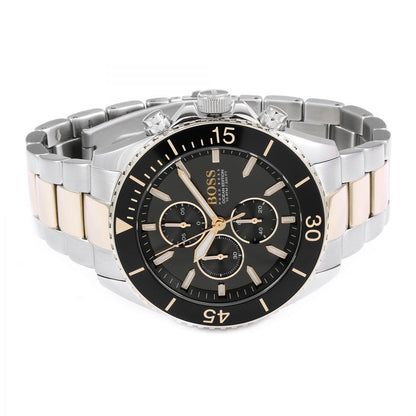 Three-quarter view of Hugo Boss Ocean Edition chronograph with two-tone bracelet and chronograph subdials