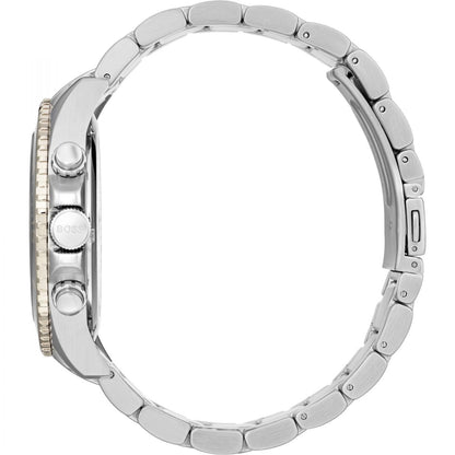 Case back view of Hugo Boss Ocean Edition chronograph showing stainless steel back and bracelet