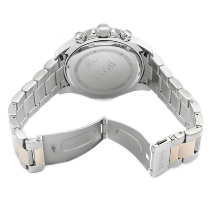 Overhead view of Hugo Boss Ocean Edition watch showing case and two-tone bracelet detail