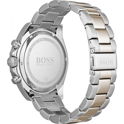 Side view of Hugo Boss Ocean Edition watch showing two-tone stainless steel and rose gold bracelet