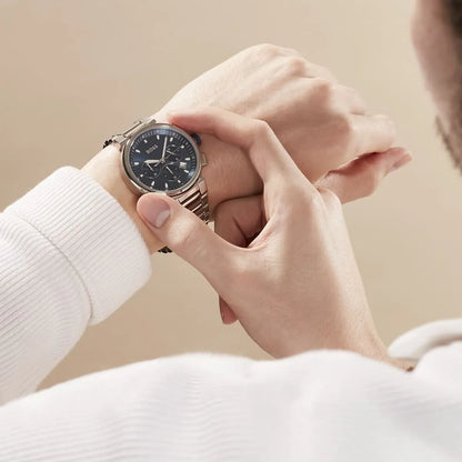 Hugo Boss One chronograph men's watch with blue dial worn on wrist