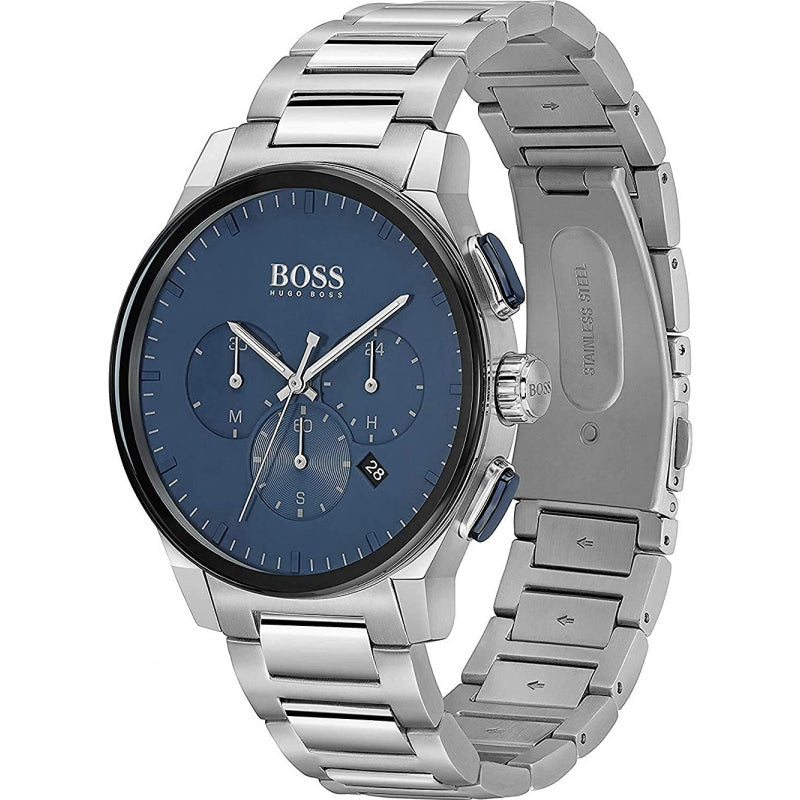 Hugo Boss Peak chronograph watch at side angle showing blue dial and metal bracelet detail
