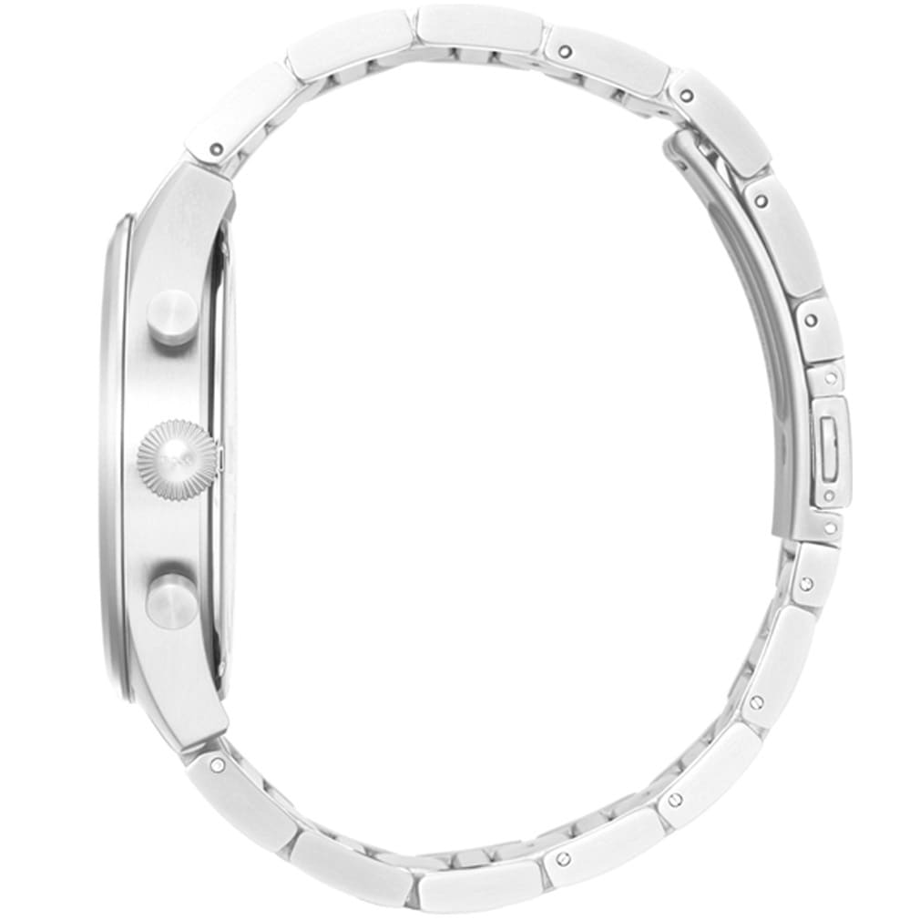 Hugo Boss Pioneer watch side profile showing case thickness and stainless steel bracelet