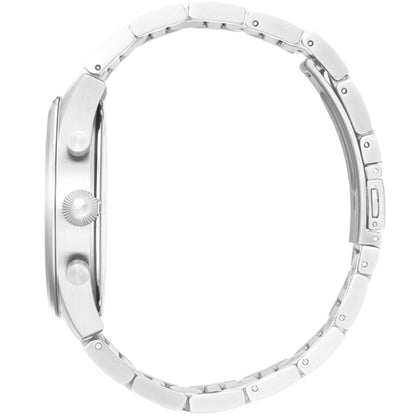 Hugo Boss Pioneer watch side profile showing case thickness and stainless steel bracelet