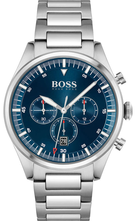 Hugo Boss Pioneer stainless steel watch with blue dial and three subdials