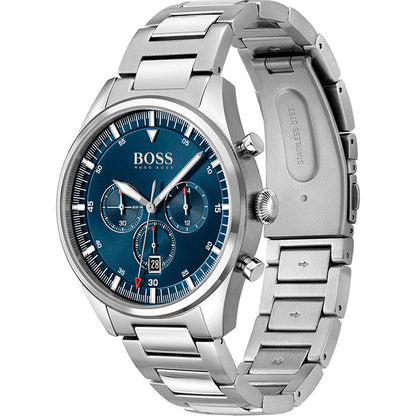 Hugo Boss Pioneer watch side view showing stainless steel link bracelet and blue dial